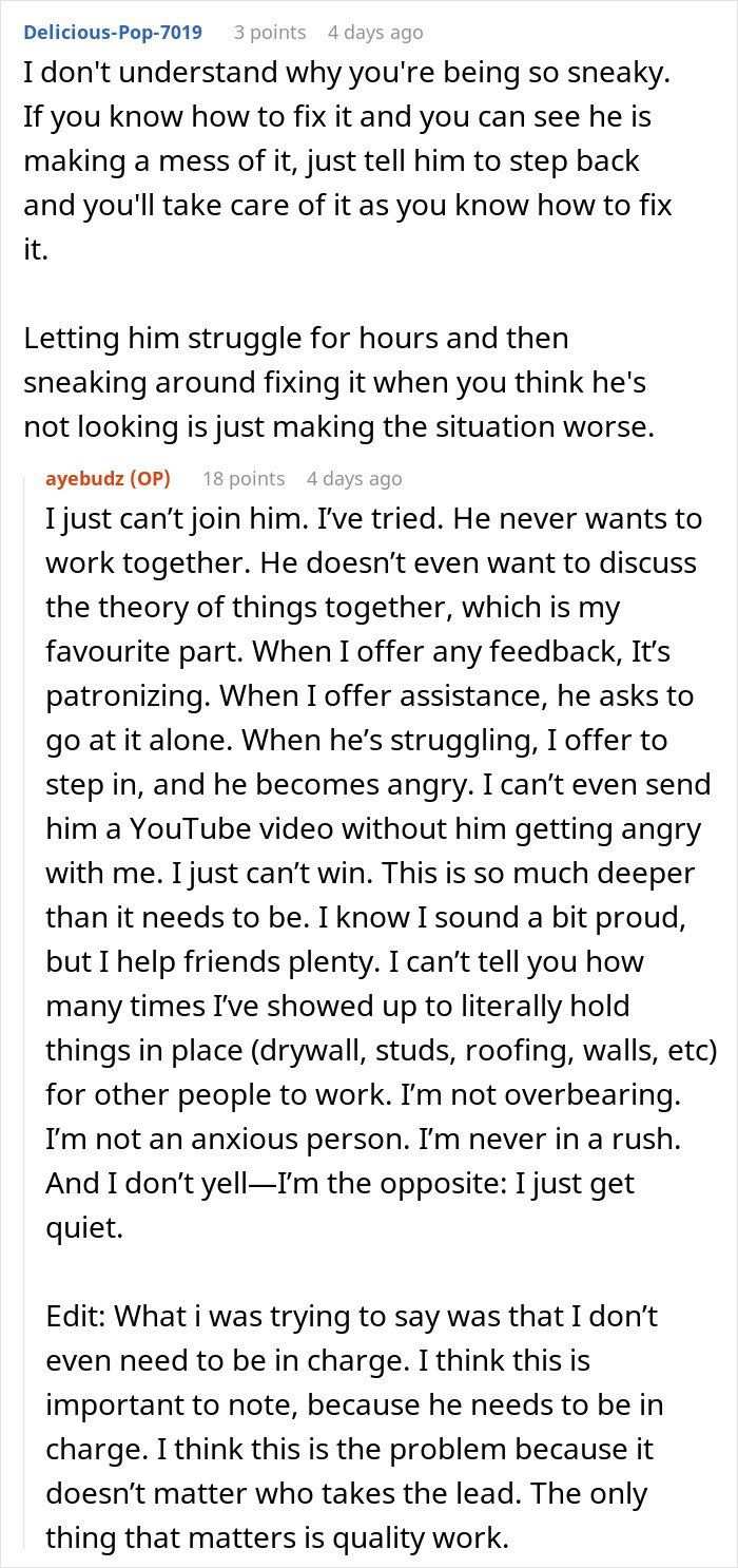 Reddit conversation showing woman frustrated as boyfriend feels emasculated when she fixes things and offers help.