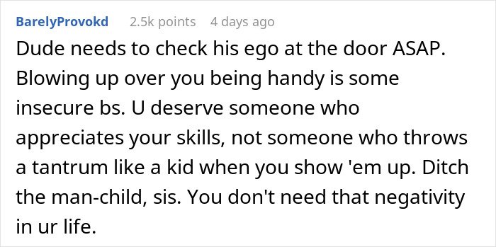 Comment discussing a woman ready to dump her boyfriend because he feels emasculated when she fixes things.