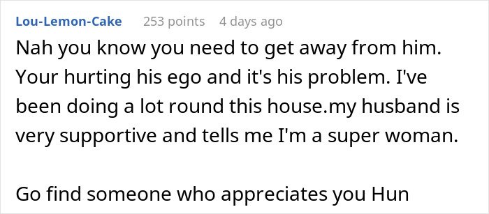 Screenshot of an online comment discussing a woman ready to dump her boyfriend who feels emasculated when she fixes things.