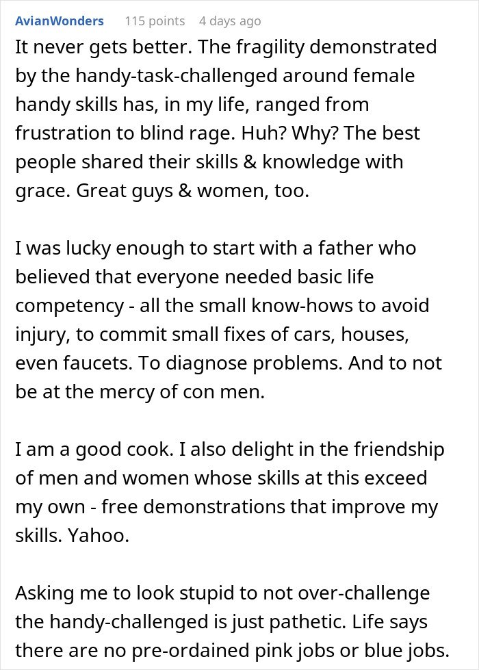 Text post discussing frustration when a boyfriend feels emasculated as woman fixes things, highlighting gender and skills.