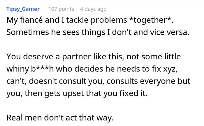 Text post about a woman ready to dump her boyfriend because he feels emasculated when she fixes things in their relationship.