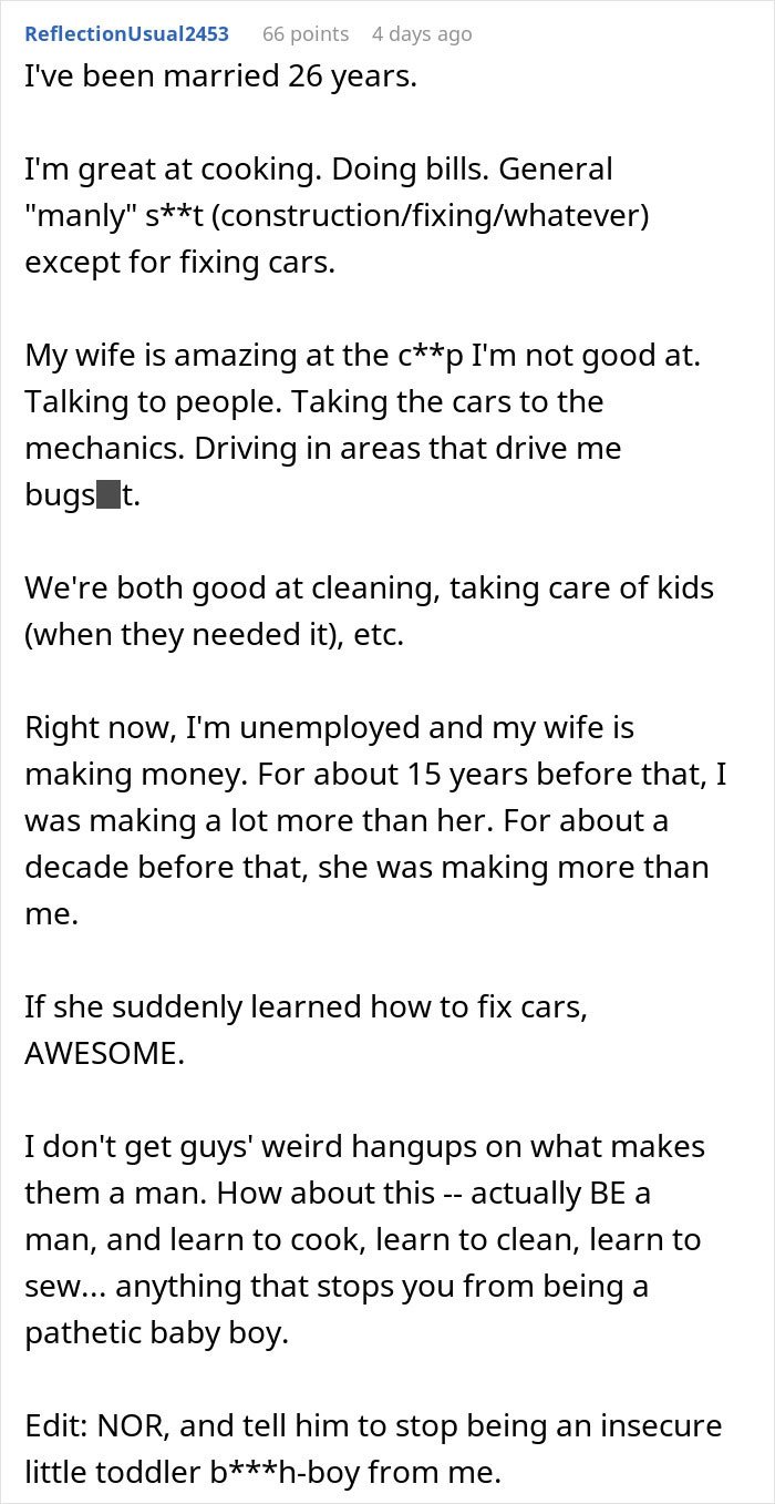 Text post from a user discussing feelings of emasculation when a woman fixes things and challenges traditional roles in a relationship.
