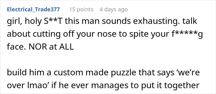 Comment expressing frustration about a boyfriend feeling emasculated when his partner fixes things and considers dumping him.