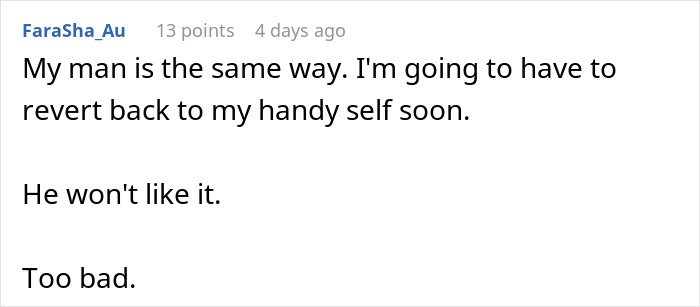 Comment from user about boyfriend feeling emasculated when she fixes things, expressing readiness to act.