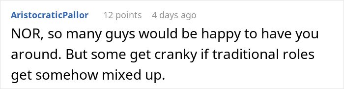 Comment about a woman ready to dump her boyfriend because he feels emasculated when she fixes things, highlighting relationship dynamics.