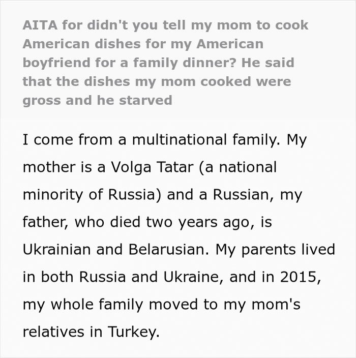 Text about a man upset after being served traditional gross food instead of American dishes at family dinner