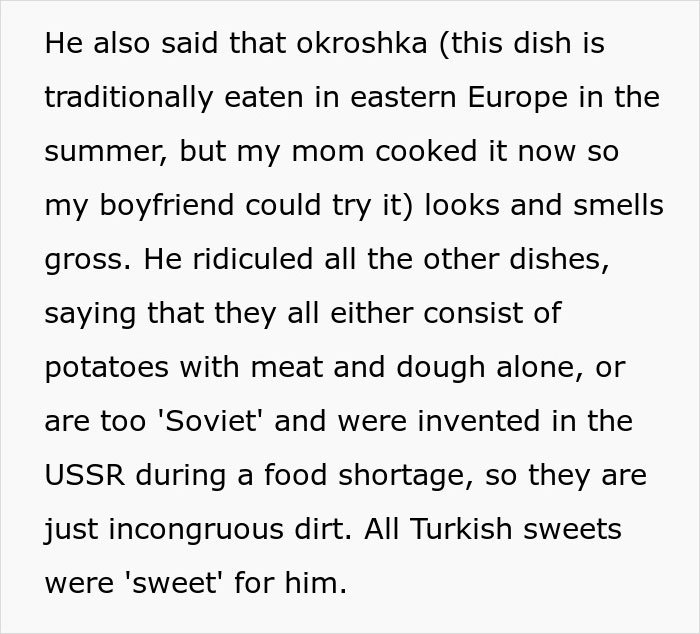 Text describing a boyfriend reacting negatively to traditional gross food instead of American dishes in a conversation.