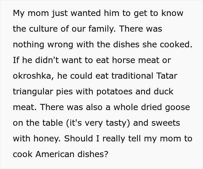 Text about a guy reacting negatively to traditional food instead of American dishes, mentioning Tatar pies and dried goose.
