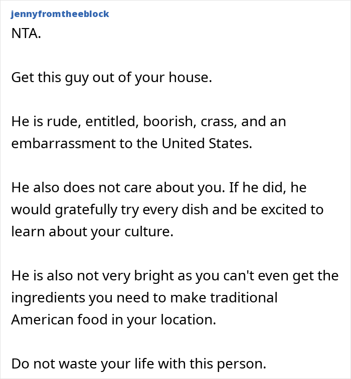 Comment criticizing entitled guy making faces and throwing a fit over traditional gross food instead of American dishes.