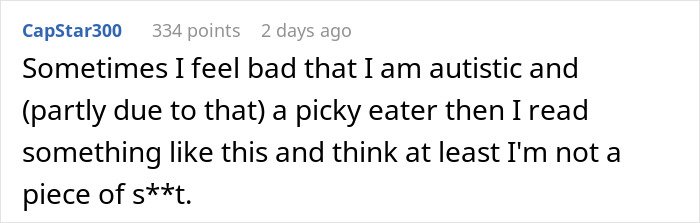 Commenter expressing relief about being picky eater after seeing reaction to traditional gross food instead of American dishes.