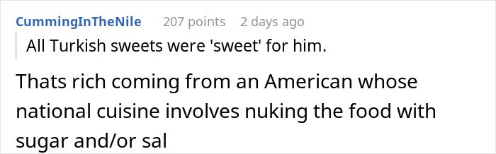 Commenter reacting to traditional food while discussing American dishes and cultural food preferences online.