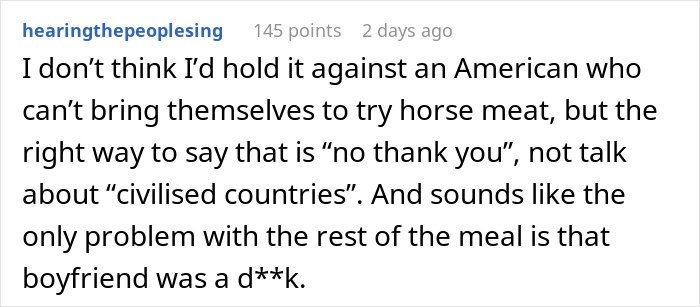 Man making faces and throwing a fit after receiving traditional gross food instead of American dishes.
