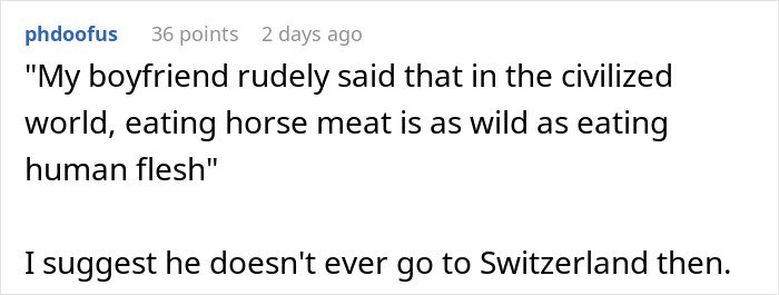 Screenshot of a Reddit comment discussing rude reactions to traditional gross food versus American dishes.