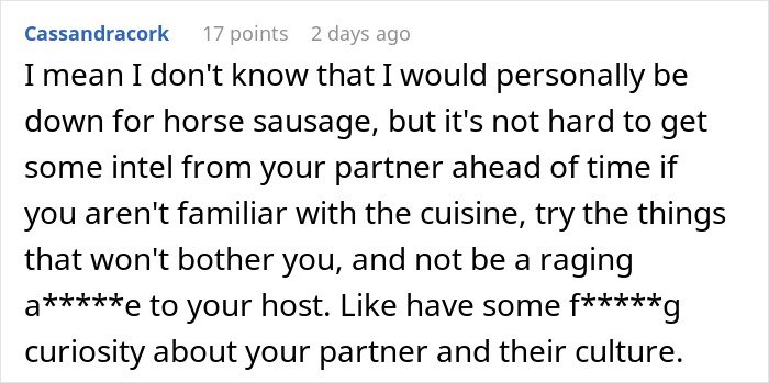 Screenshot of a Reddit comment discussing reactions to traditional gross food versus American dishes.