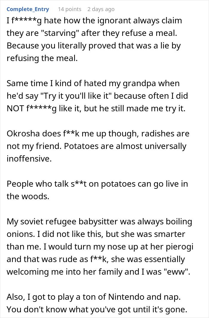 Man making faces and throwing a fit after getting traditional gross food instead of American dishes at a meal.