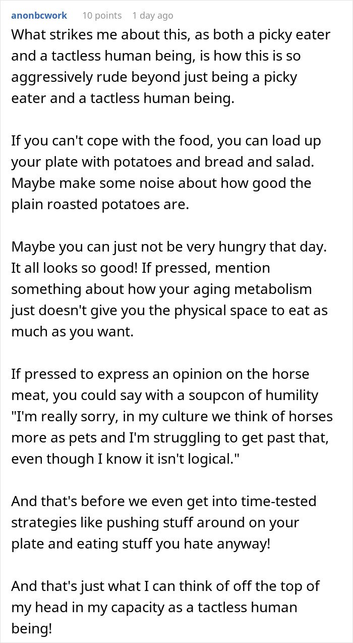 Person making faces and throwing a fit after receiving traditional gross food instead of American dishes at a table.