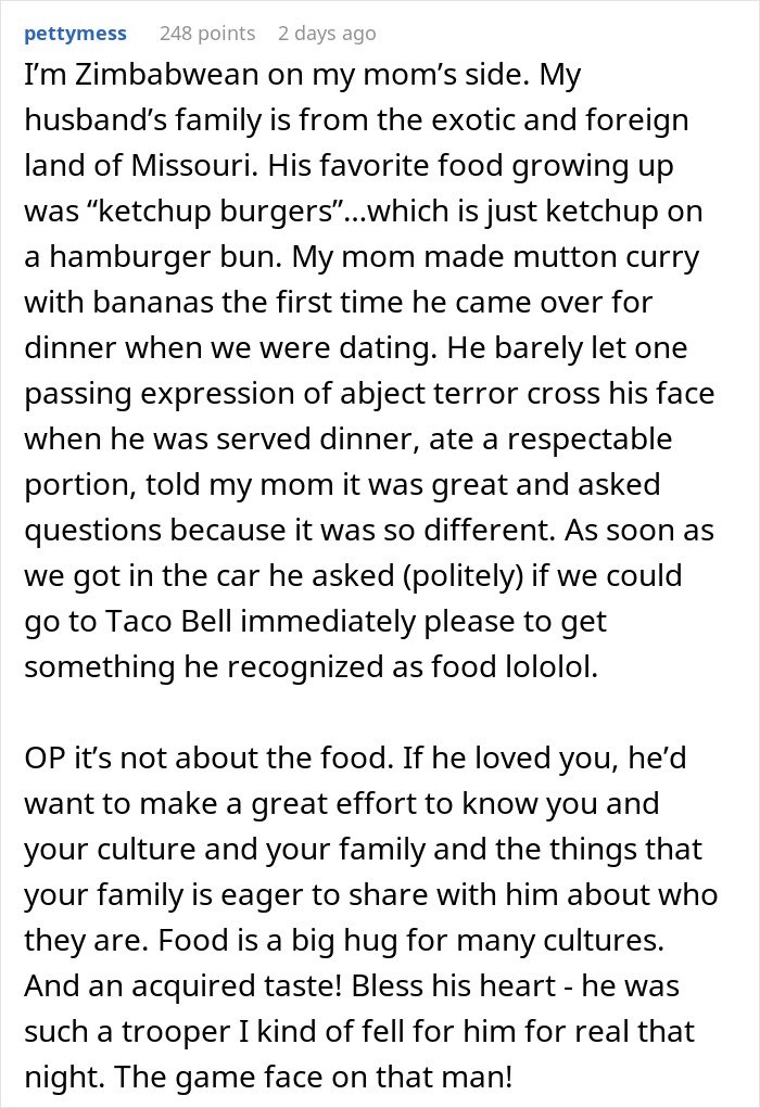 Man making faces and throwing fit after being served traditional gross food instead of American dishes at dinner table.