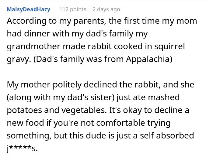 Comment discussing rejection of traditional Appalachian food rabbit cooked in squirrel gravy instead of American dishes.