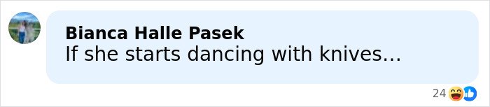 Facebook comment bubble by Bianca Halle Pasek reading If she starts dancing with knives under Amy Schumer bikini shots post