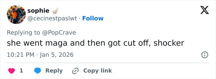 Screenshot of X reply about Ashley Tisdale: user sophie says she went maga and then got cut off, timestamp Jan 5, 2026