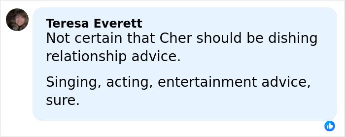 Social media comment criticizing Cher referencing Kristen Bell and Dax Shepard marriage