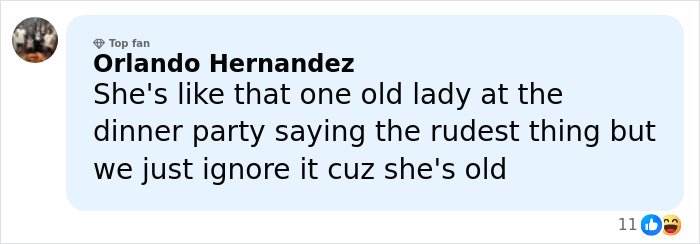 Social media comment bubble with top fan badge and text calling someone an old lady, Cher rude comment