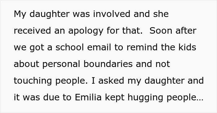 Screenshot of parent text about daughter attend birthday, apology and school email on personal boundaries and hugging