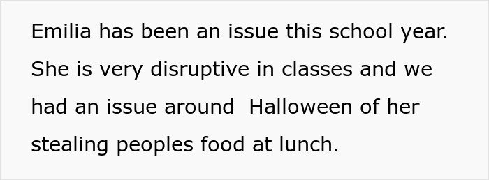 Typed note about disruptive daughter Emilia stealing lunch, parent wonders if daughter should attend birthday party
