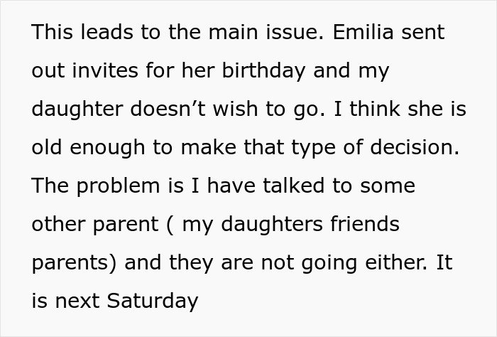 Screenshot of message where a parent wonders if their daughter should attend a birthday everyone is skipping