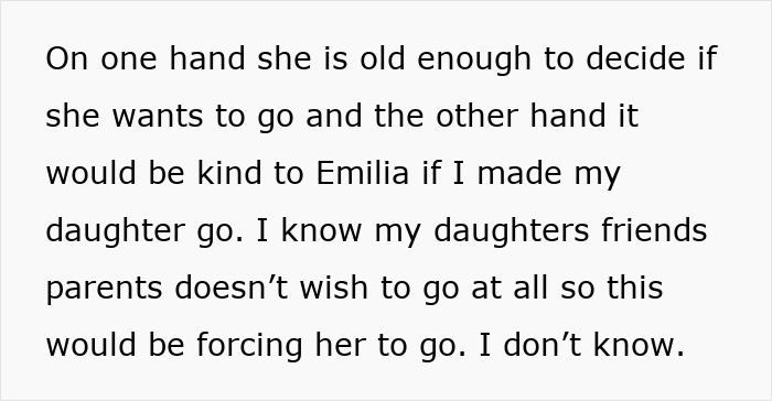 Screenshot of a parent torn, debating making daughter attend birthday everyone is skipping, excerpt of their message.