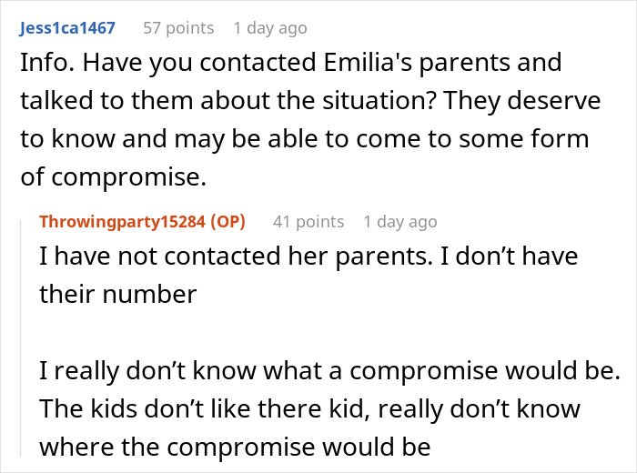 Reddit comments: parent torn about making daughter attend a birthday others are skipping, mentions contacting parents.