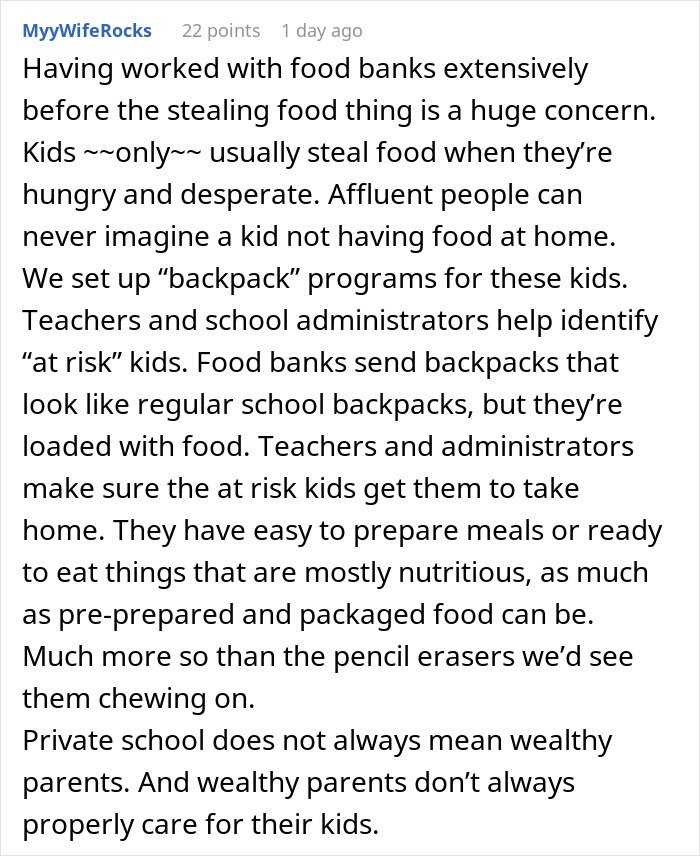Reddit comment screenshot about food banks and backpack programs, parent torn daughter birthday dilemma