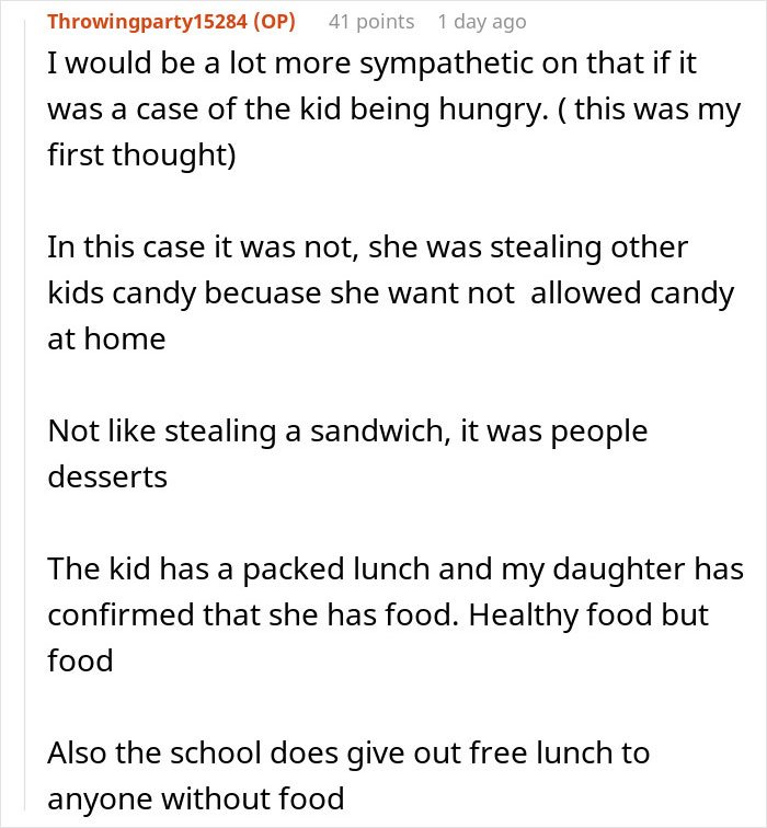 Screenshot of Reddit comments about a child taking candy, with parent wonders whether to make daughter attend birthday