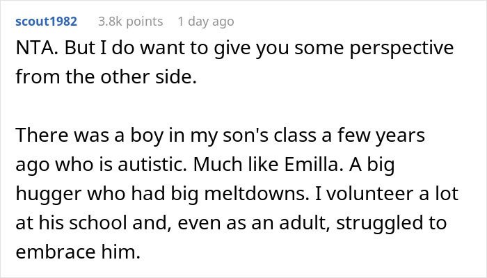 Reddit screenshot of comment sharing a parent's perspective about an autistic child, parent wonders