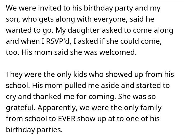 Screenshot of text: parent wonders whether to make daughter attend a birthday party everyone is skipping