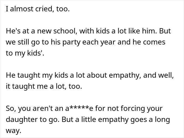 Screenshot of text about empathy, parent wonders daughter attend birthday, not forcing her to go