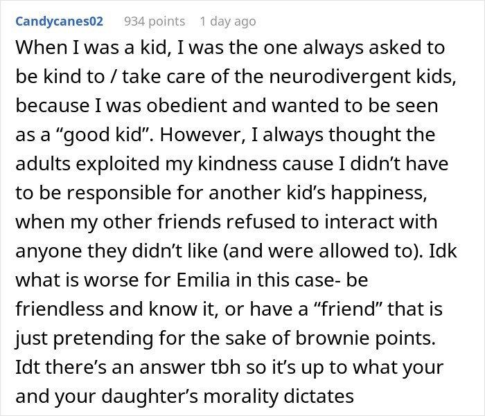 Screenshot of Reddit comment about parenting dilemma: parent wonders if daughter should attend birthday