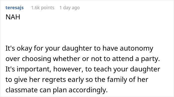 Reddit screenshot showing comment NAH about parent wonders if daughter should attend a birthday others are skipping