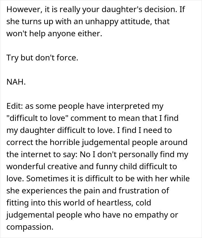 Forum screenshot of parent debating whether to make daughter attend birthday everyone is skipping, showing comments and edit
