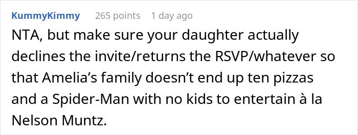 Reddit comment advising parent about whether to make daughter attend a birthday everyone is skipping