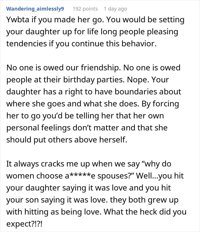 Screenshot of Reddit comment about parent wonders whether to make daughter attend a birthday party