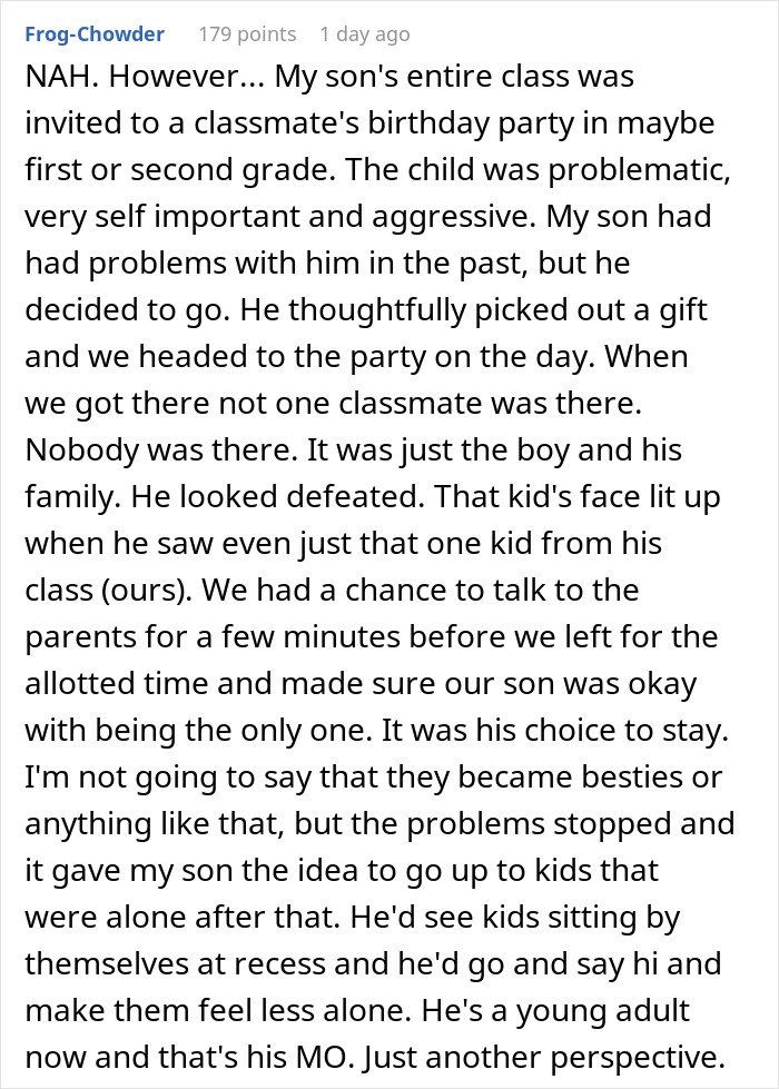 Reddit comment screenshot about a parent dilemma over daughter attend birthday, recounting a child showing up to a party alone