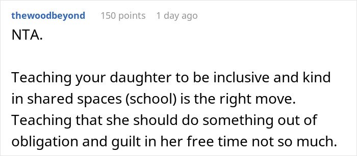 Reddit screenshot: NTA comment urging kindness, debating whether to make daughter attend birthday