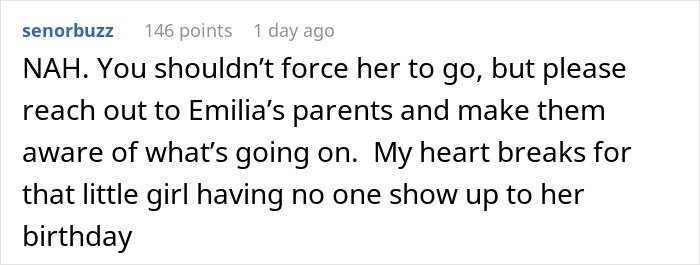 Reddit comment: parent wonders about making daughter attend a birthday that no one is attending