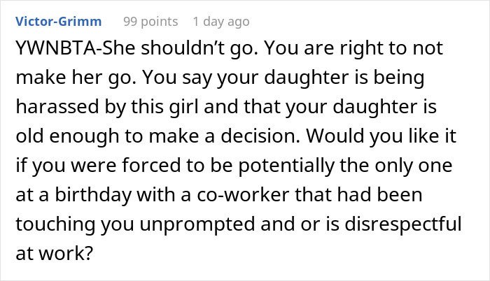 Reddit comment urging parent not to make daughter attend birthday everyone is skipping
