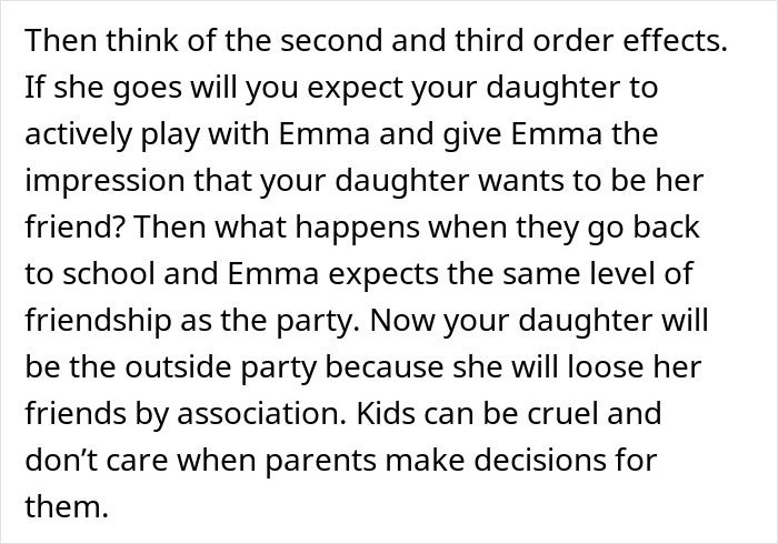 Parent torn about making daughter attend birthday party everyone else is skipping, text excerpt on white background.