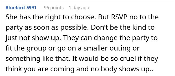 Reddit comment advising to RSVP no and skip a birthday party, Parent Wonders about making daughter attend