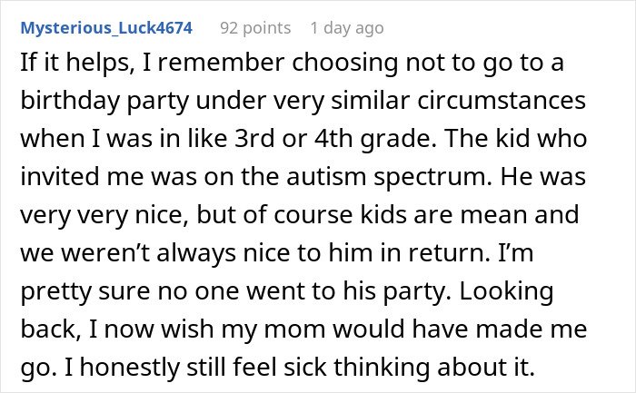 Reddit screenshot: user recalls skipping a classmate's birthday and regrets it, autism mentioned — I Am Torn