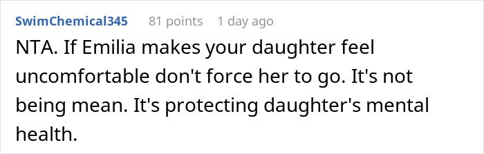 Reddit comment advising not to make daughter attend birthday if uncomfortable, protecting daughter's mental health