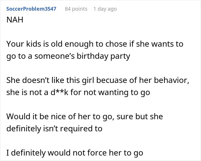 Reddit screenshot of comments about whether to make daughter attend a birthday others are skipping